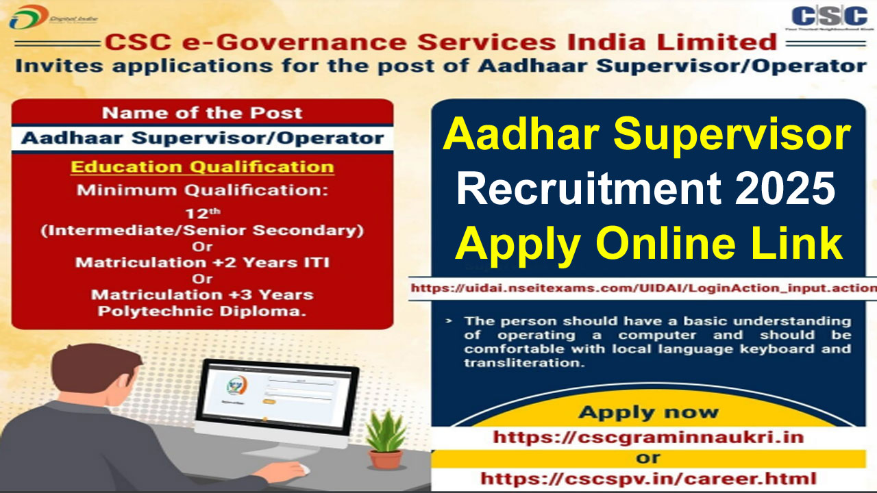 Aadhar Supervisor Recruitment 2025 Apply Online, Last Date and Notification PDF alt=